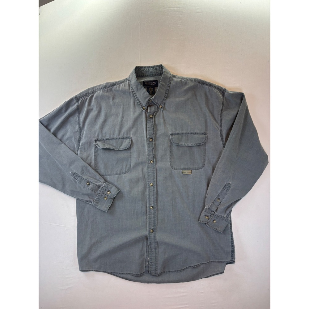 Duck Head Vintage Blue Gray Cotton Button Down Shirt Mens Large 3542 Distressed